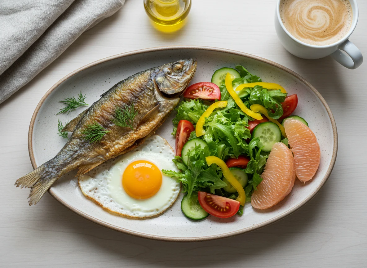 Рыба с яичницей, овощным салатом, помело и кофе с молоком photo