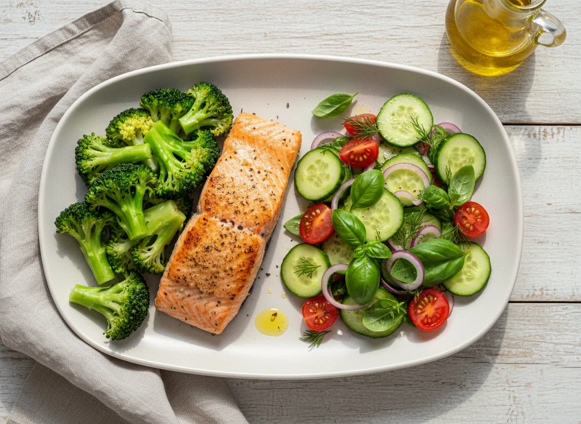 Рыба с брокколи и овощным салатом photo