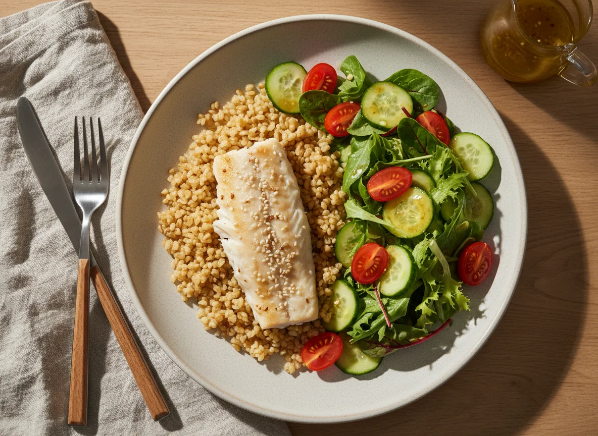 Рыба с булгуром и овощным салатом photo