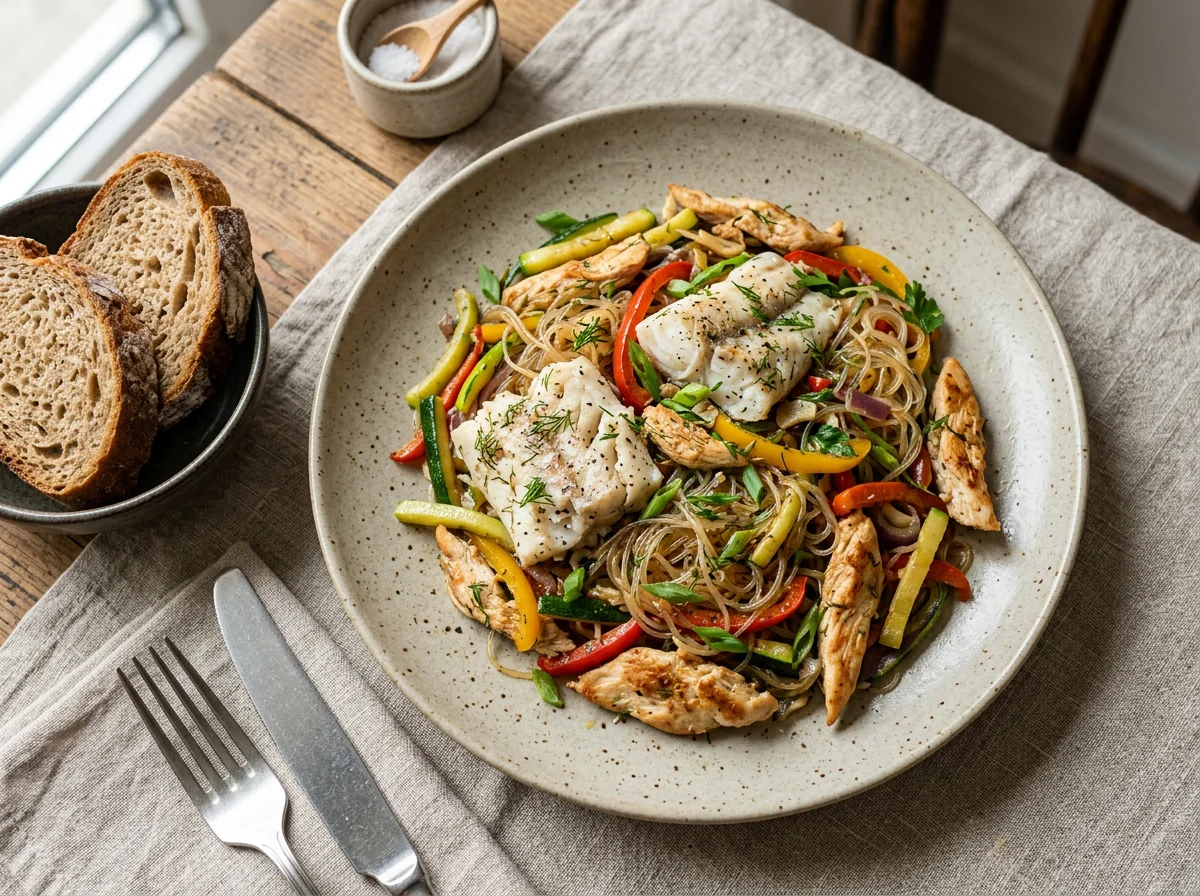 Рыба с фунчозой и курицей photo