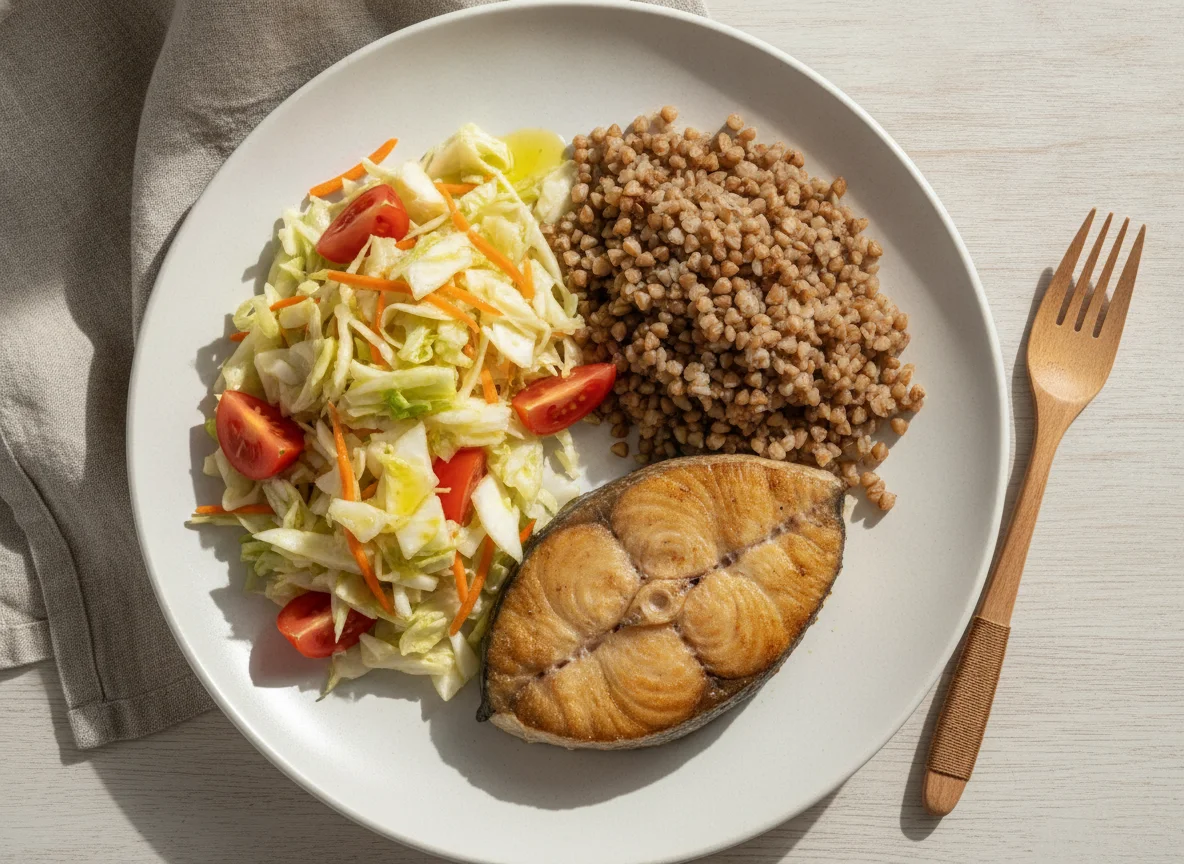 Рыба с гречкой и капустным салатом photo