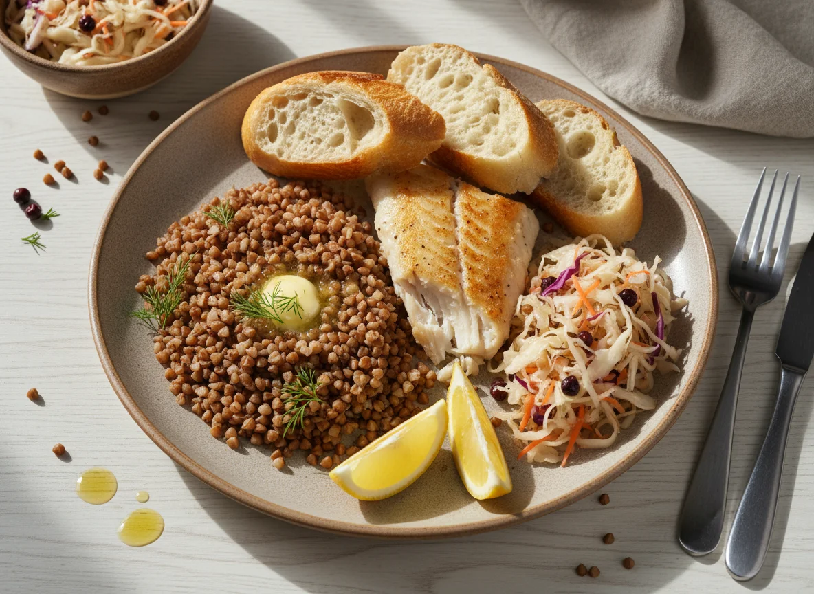 Рыба с гречкой и квашеной капустой photo