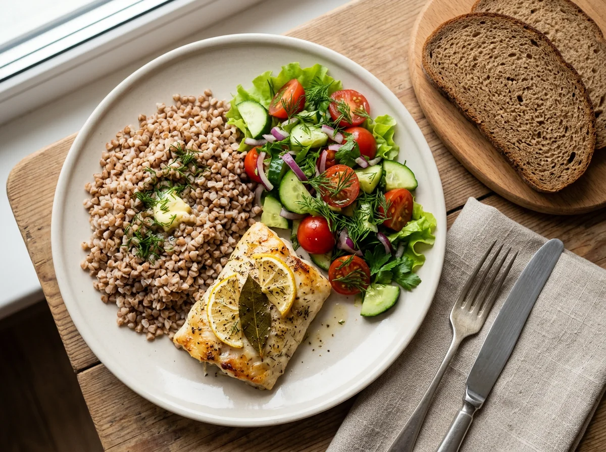 Рыба с гречкой и овощным салатом photo