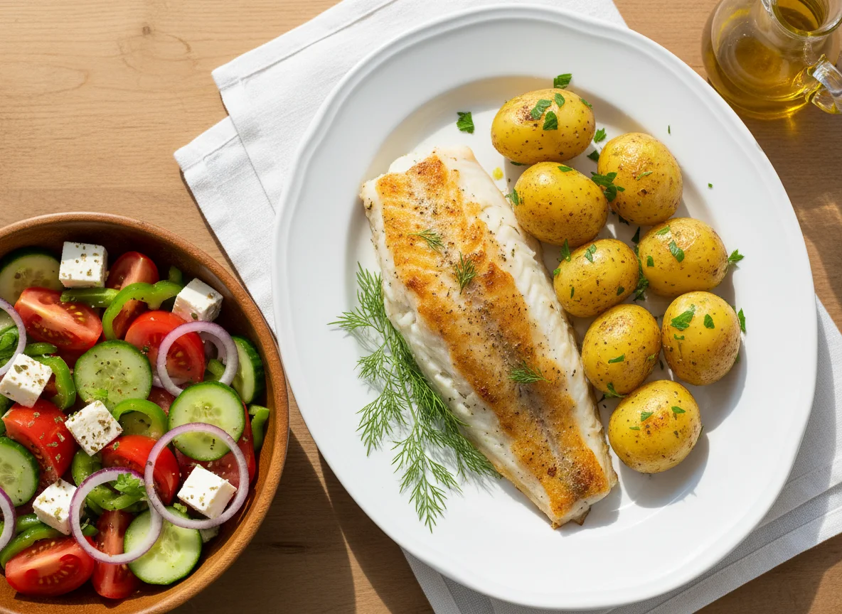 Рыба с картофелем и греческим салатом photo