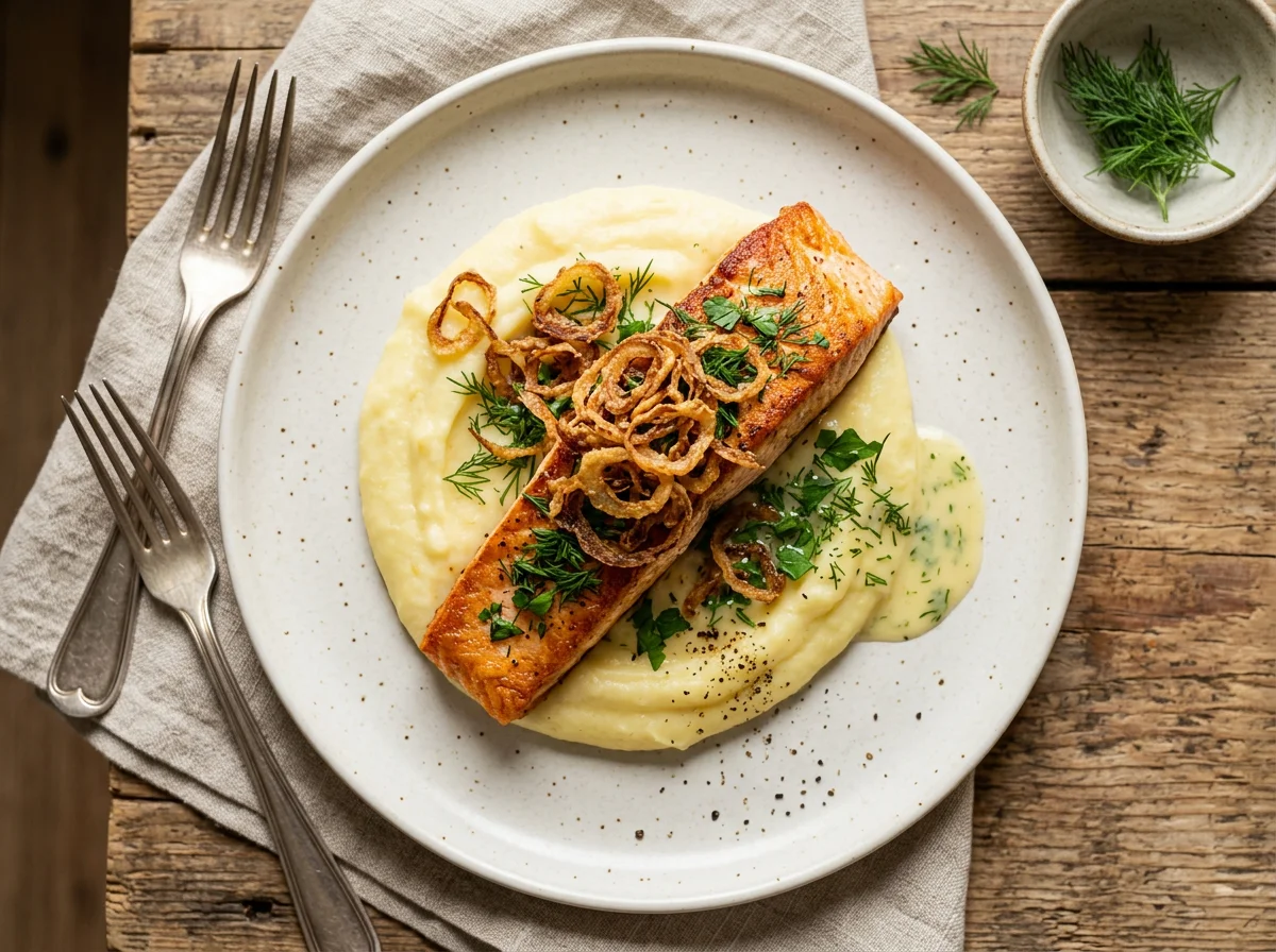 Рыба с картофельным пюре и хрустящим луком photo