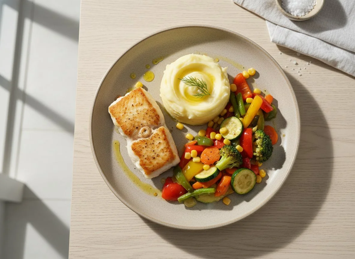 Рыба с картофельным пюре и овощами photo