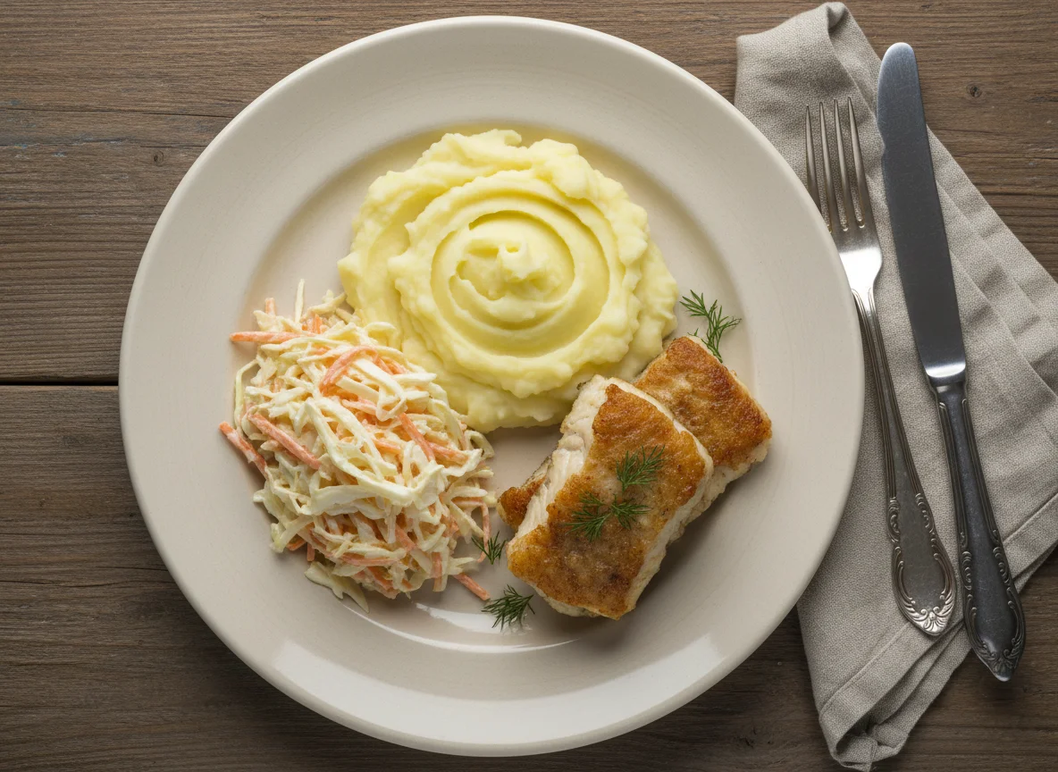 Рыба с картофельным пюре и салатом photo