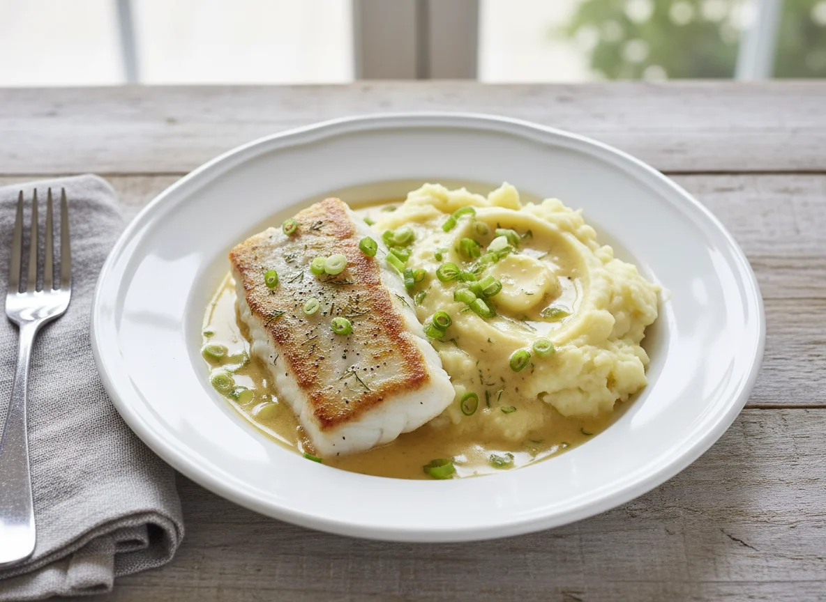 Рыба с картофельным пюре и соусом photo