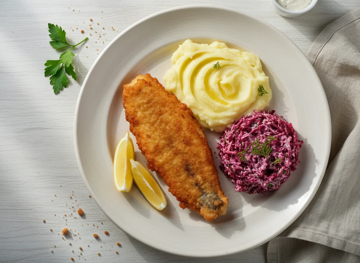 Рыба с картофельным пюре и свекольным салатом photo