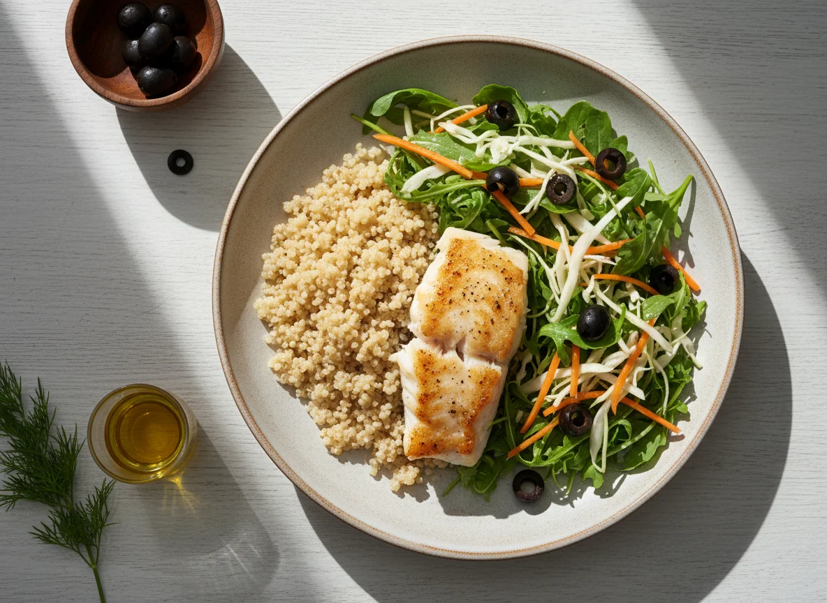 Рыба с киноа и овощным салатом photo
