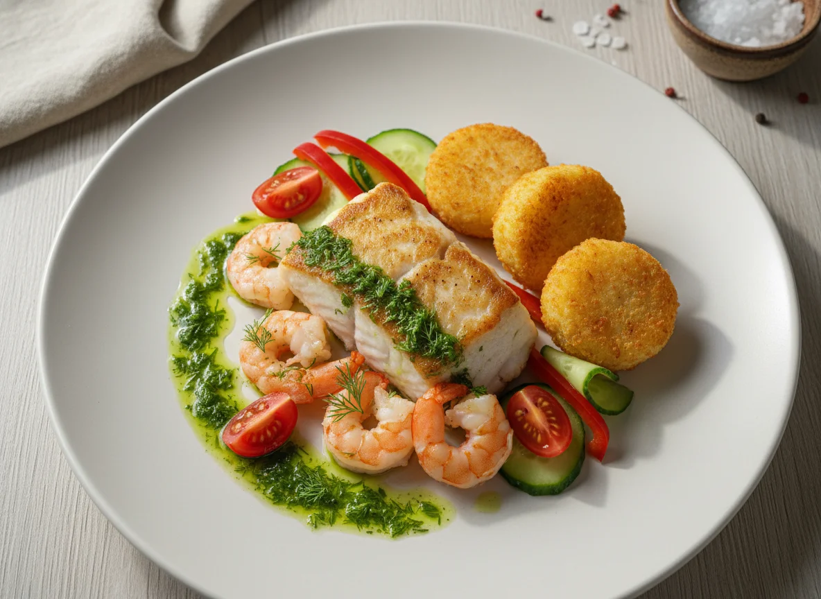 Рыба с креветками, картофельным шариком и овощами photo