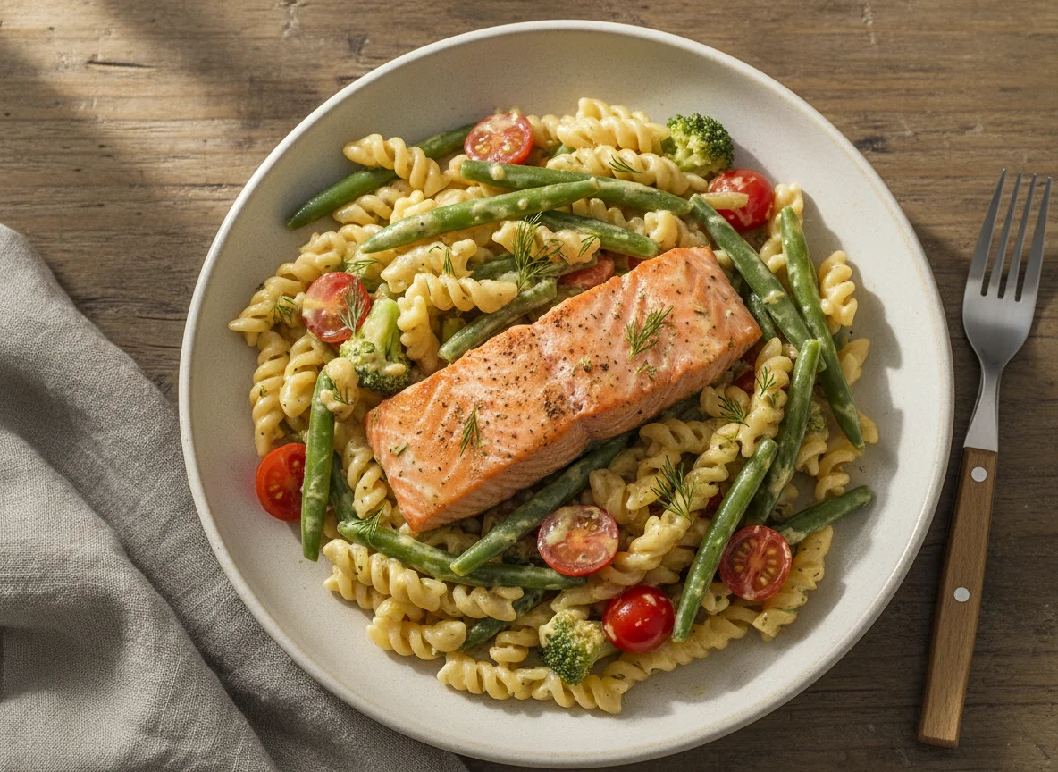 Рыба с макаронами и овощами в сливочном соусе photo