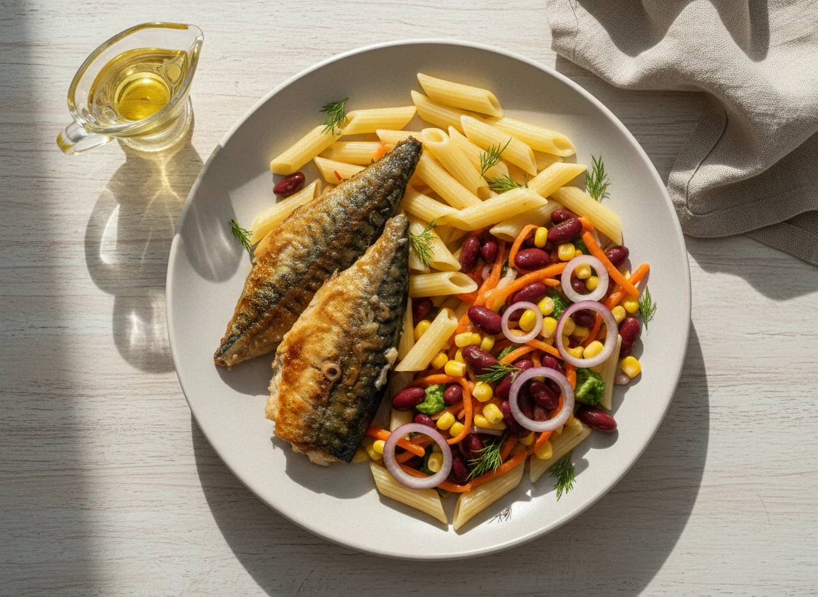 Рыба с макаронами и овощным салатом photo