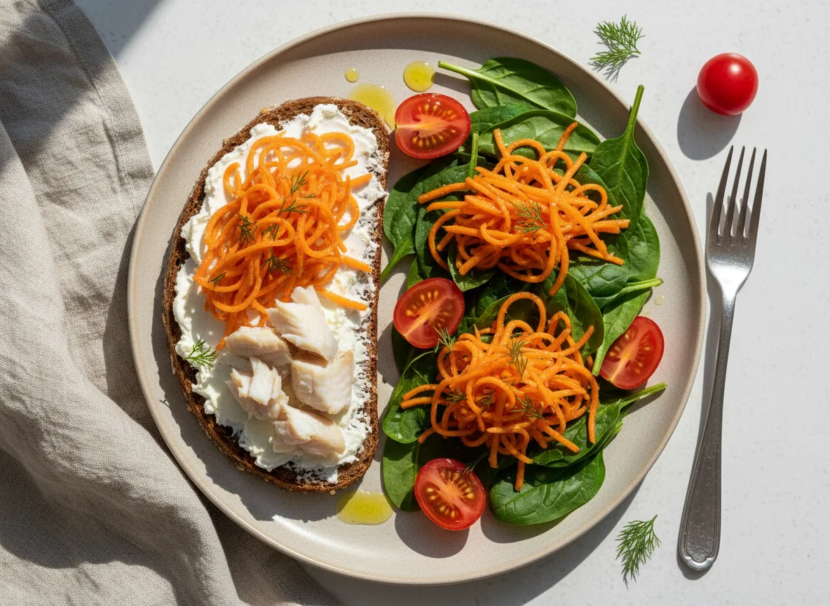 Рыба с морковью по-корейски, бутербродом и салатом photo