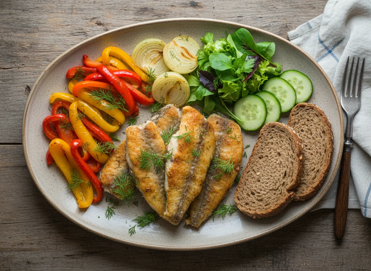 Рыба с овощами и хлебом photo