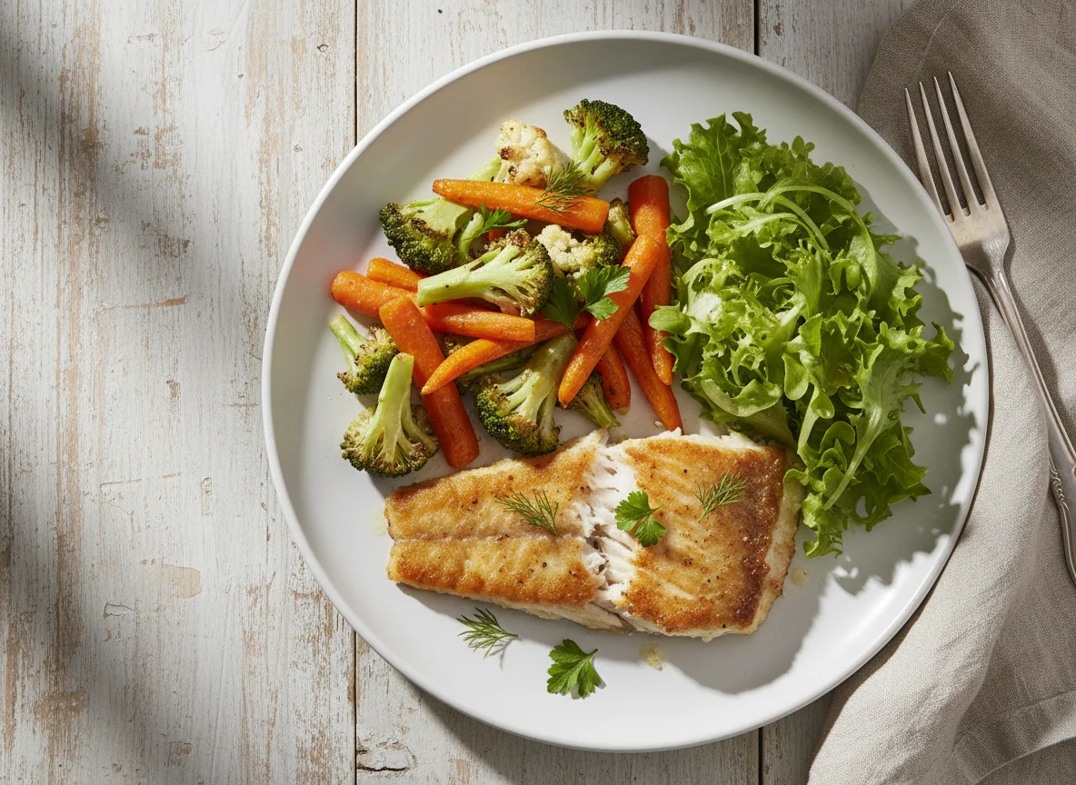 Рыба с овощами и салатом photo