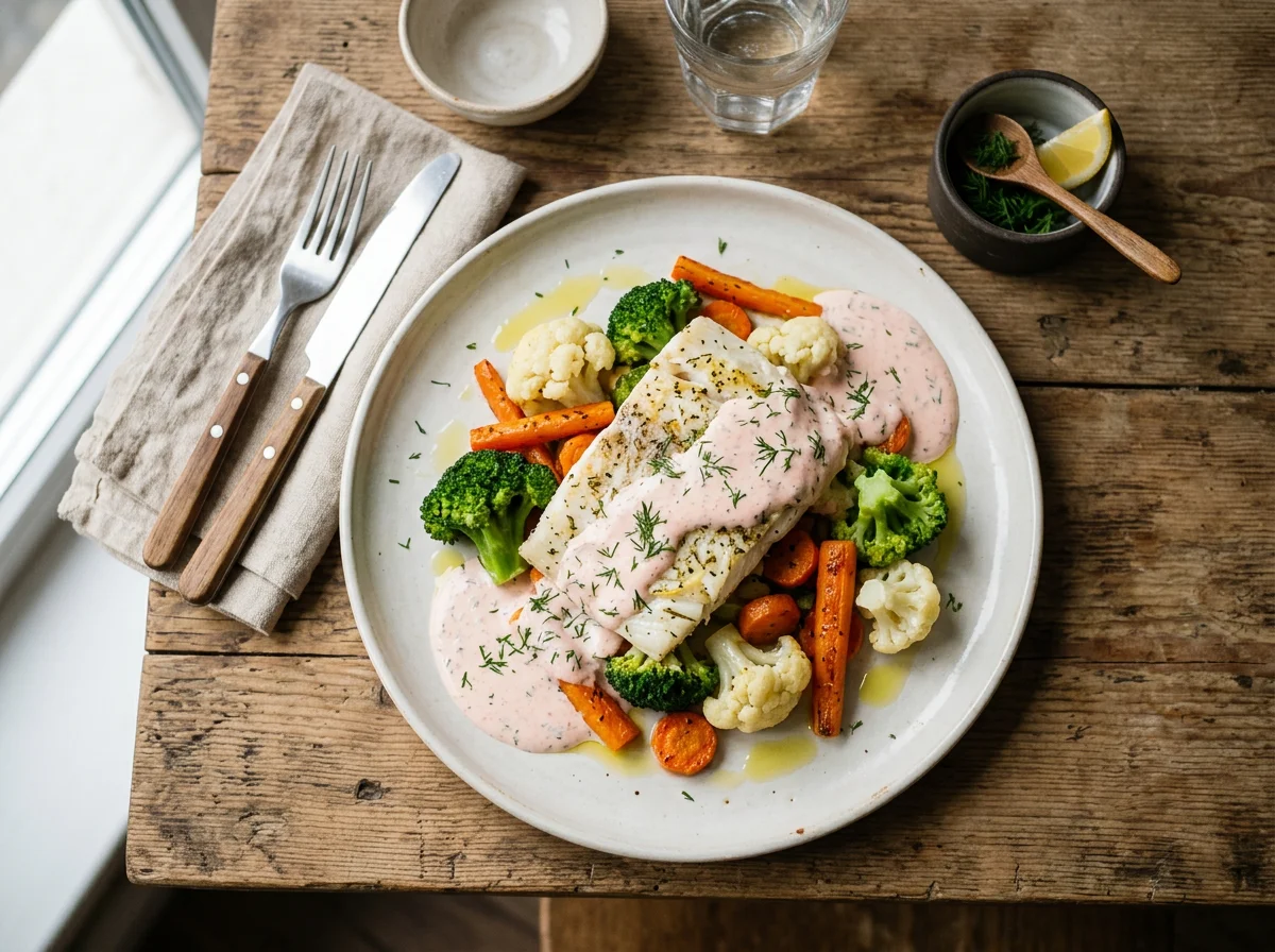 Рыба с овощами и соусом photo