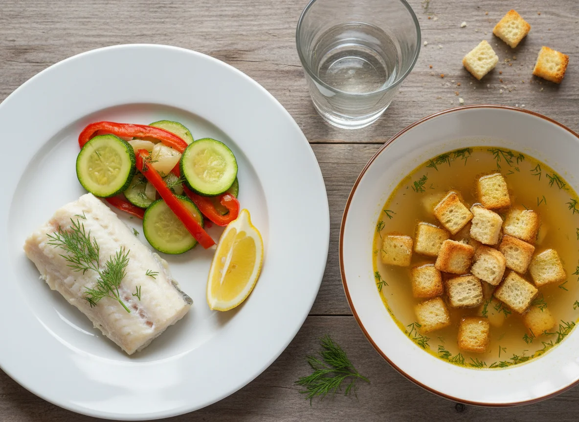 Рыба с овощами и суп с гренками photo