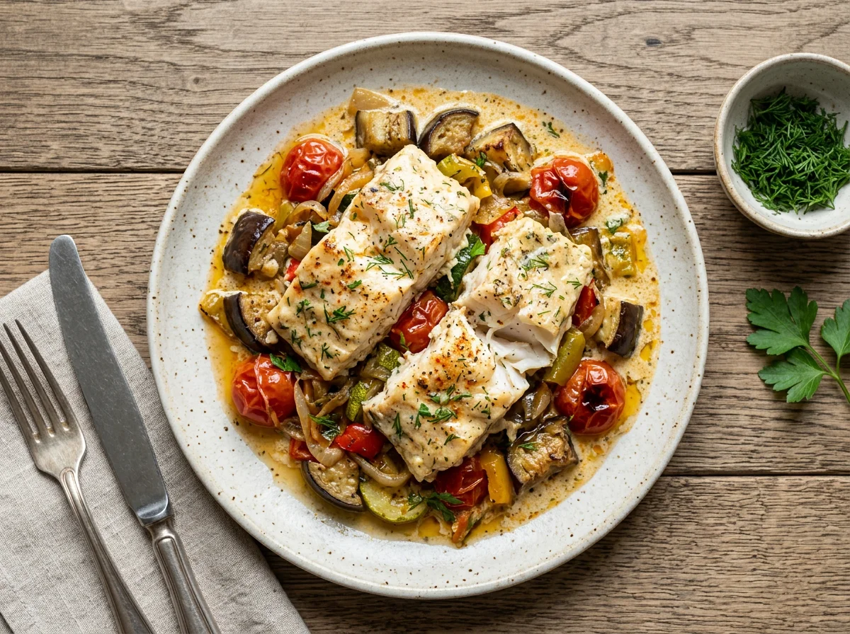 Рыба с овощами в сливочном соусе photo