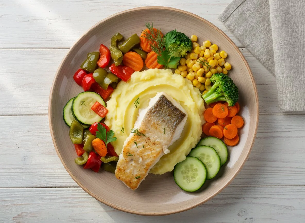 Рыба с пюре и овощами photo