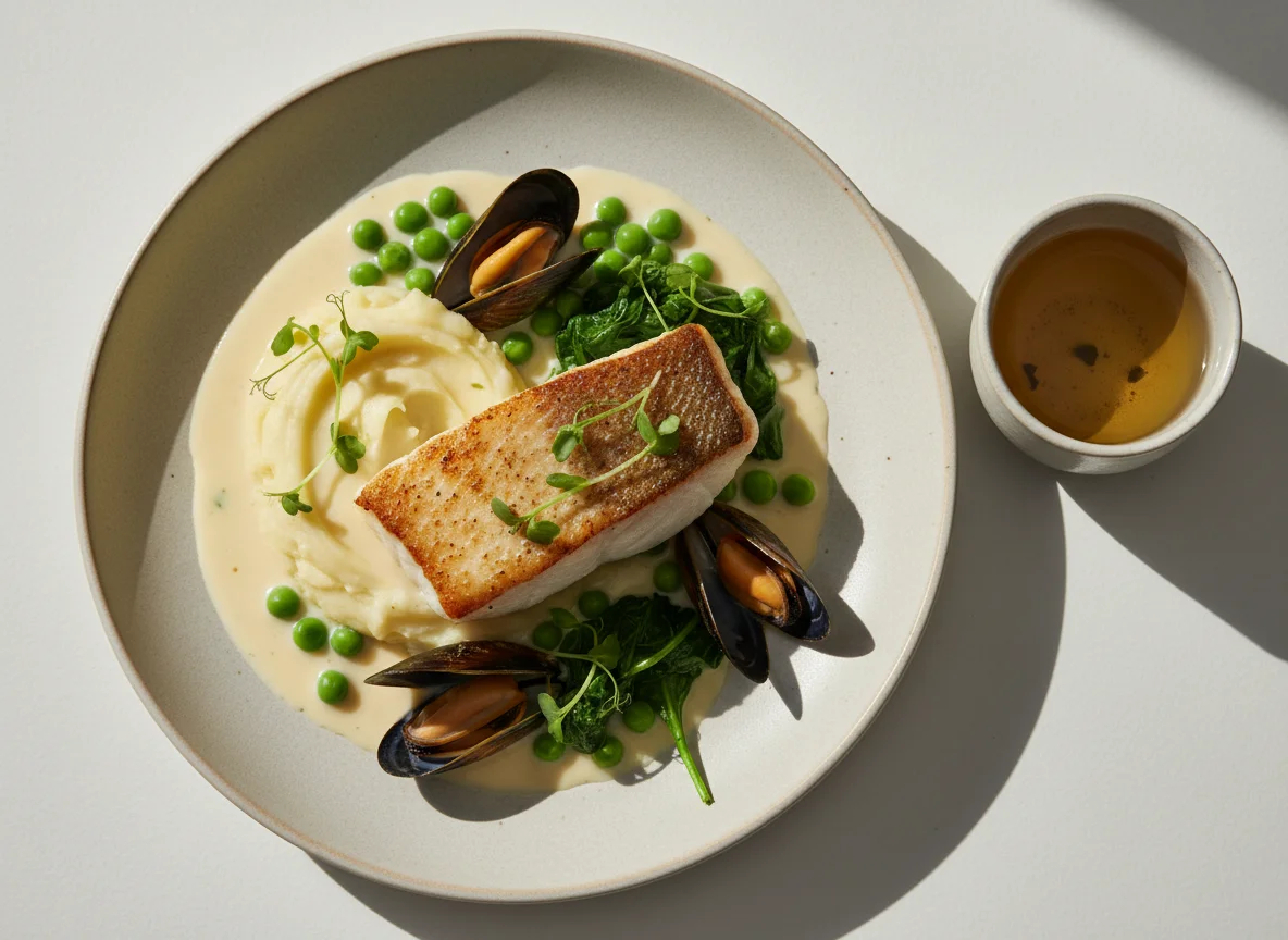 Рыба с пюре и овощами в сливочном соусе photo