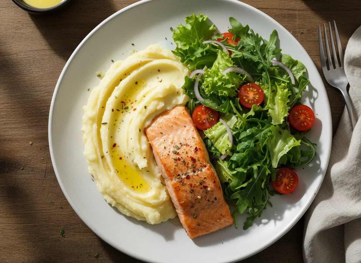 Рыба с пюре и салатом photo