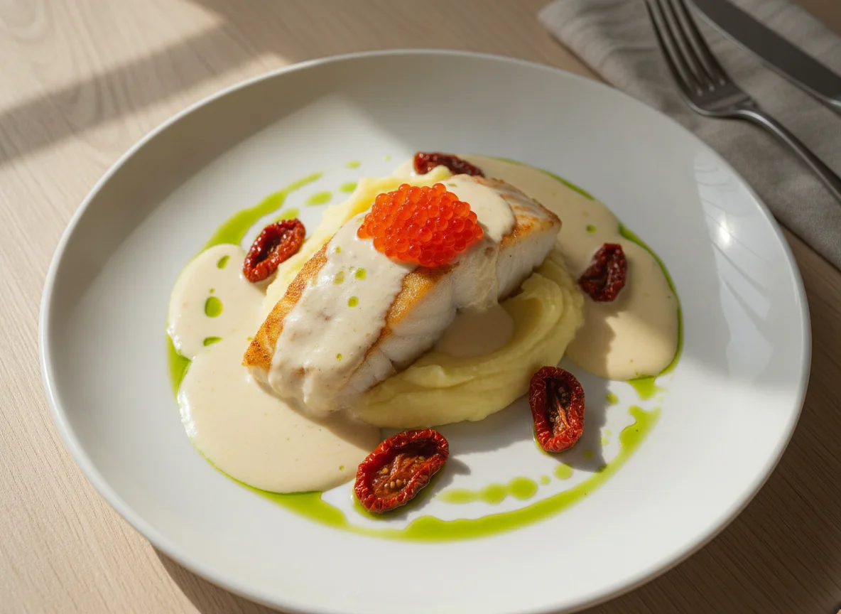 Рыба с пюре, соусом и икрой photo