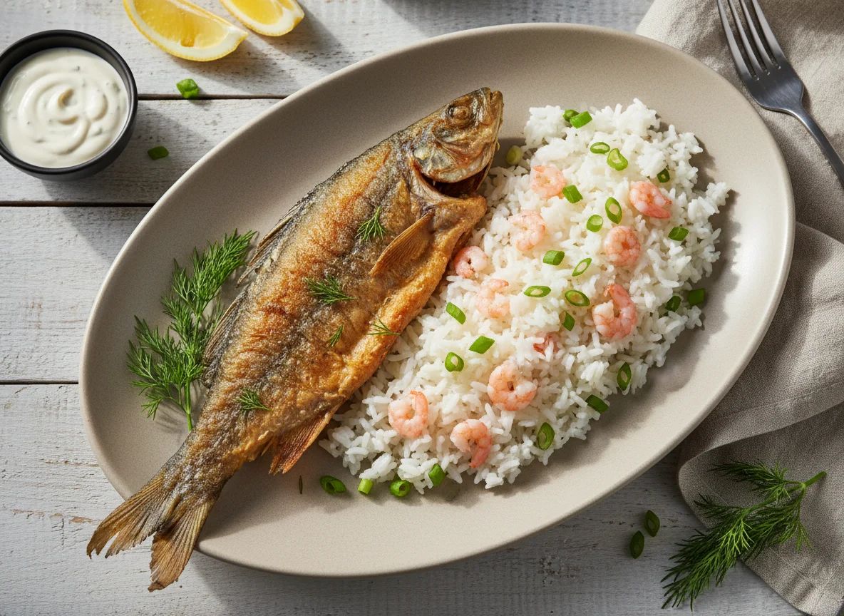 Рыба с рисом и креветками photo