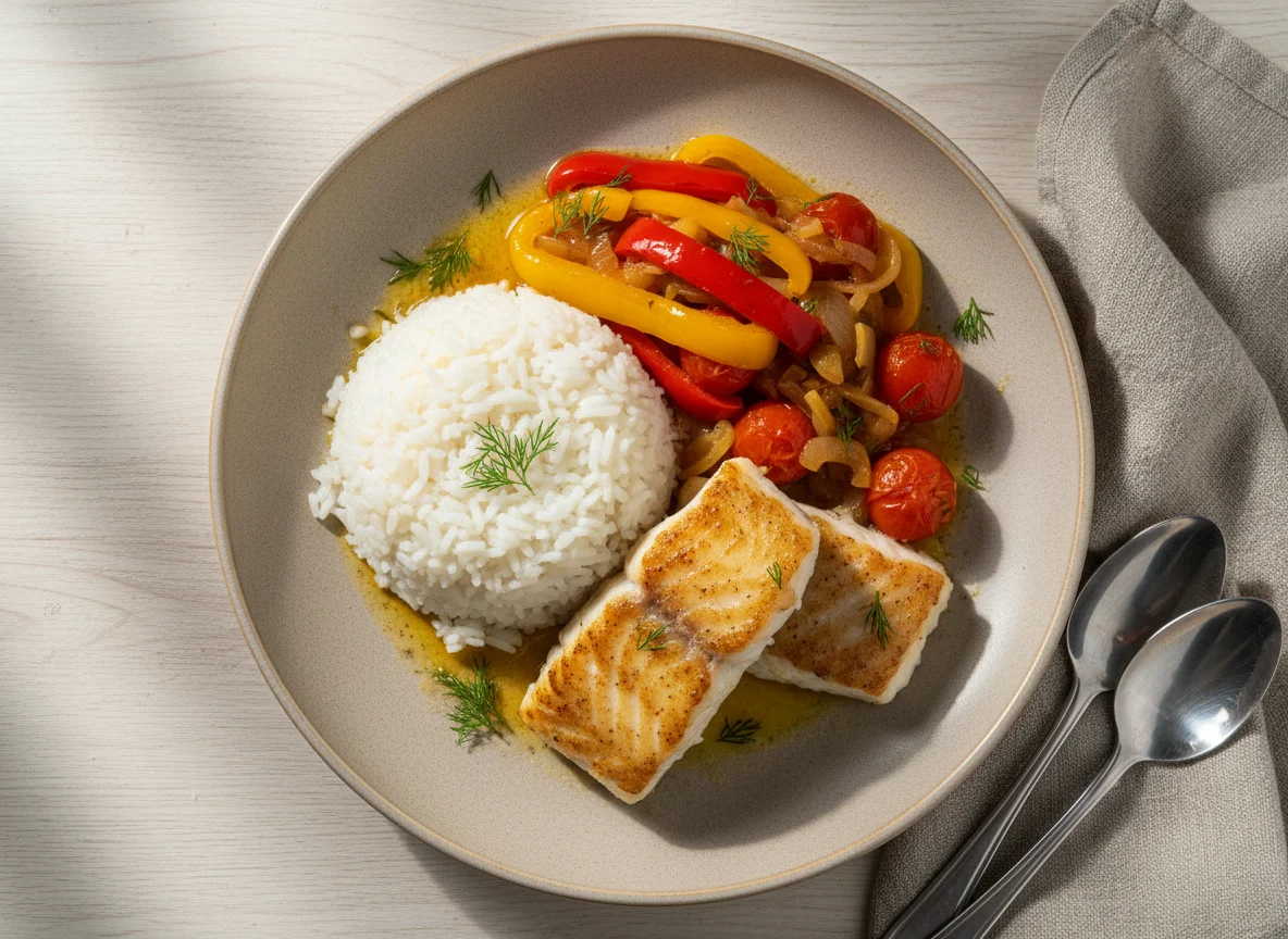 Рыба с рисом и овощами photo