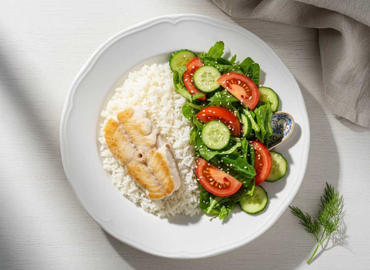 Рыба с рисом и овощным салатом photo