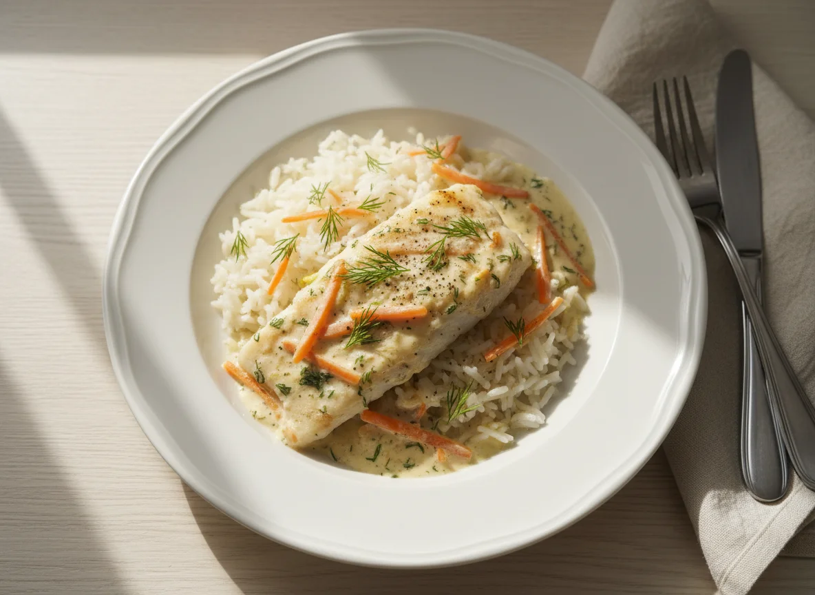 Рыба с рисом и сливочным соусом photo