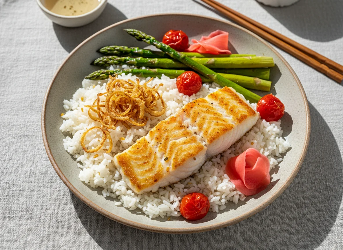 Рыба с рисом, спаржей и маринованным имбирем photo