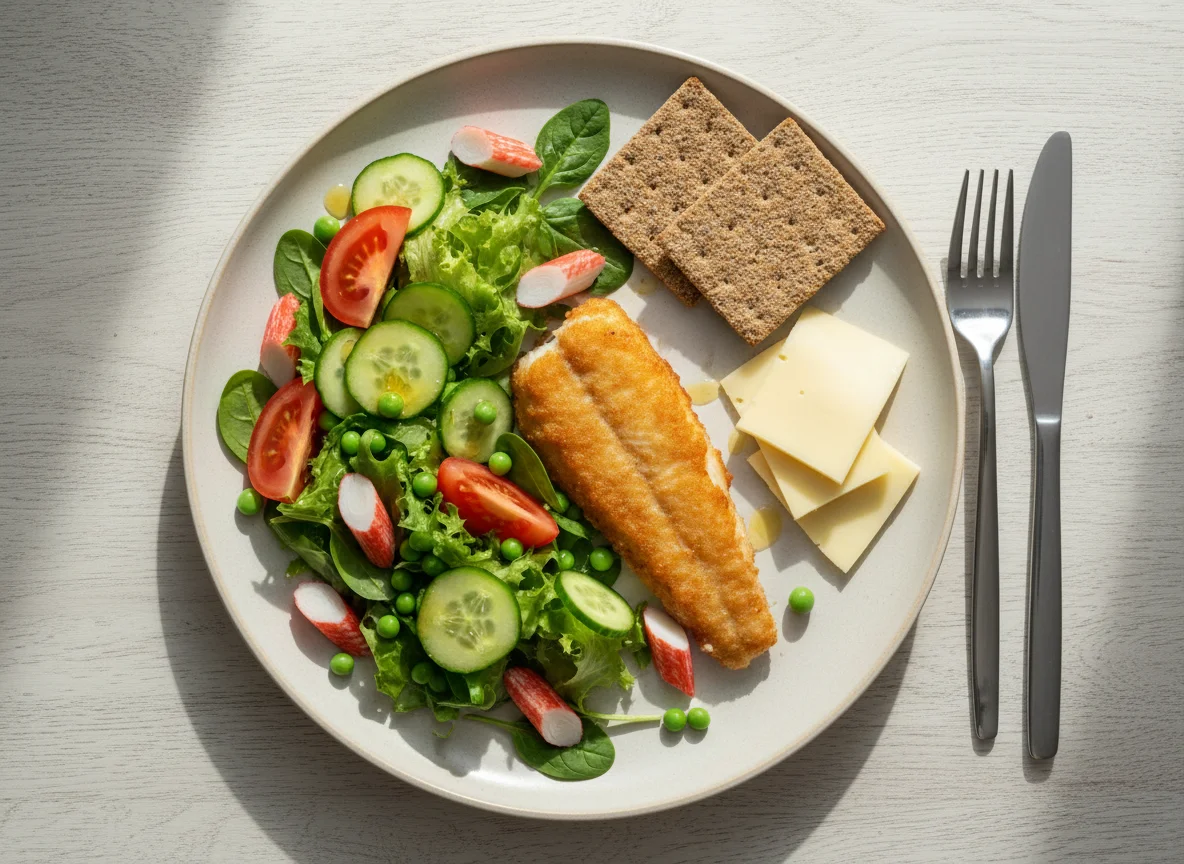 Рыба с салатом и крабовыми палочками photo