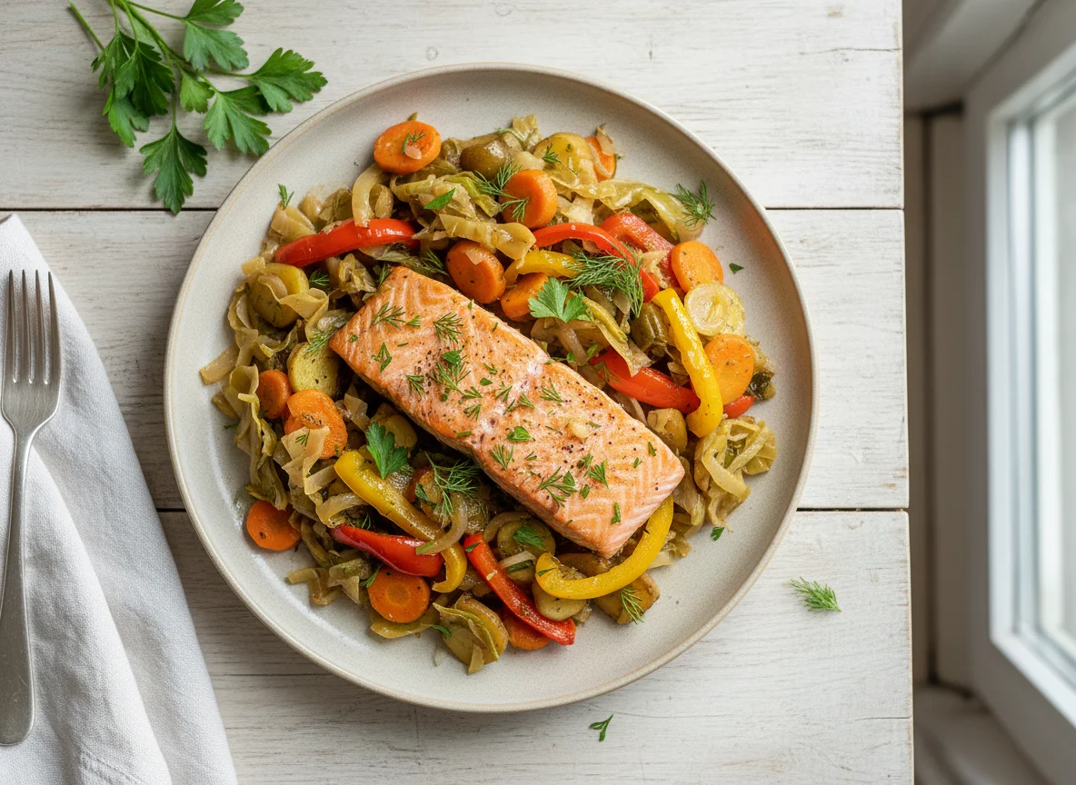 Рыба с тушеной капустой и овощами photo