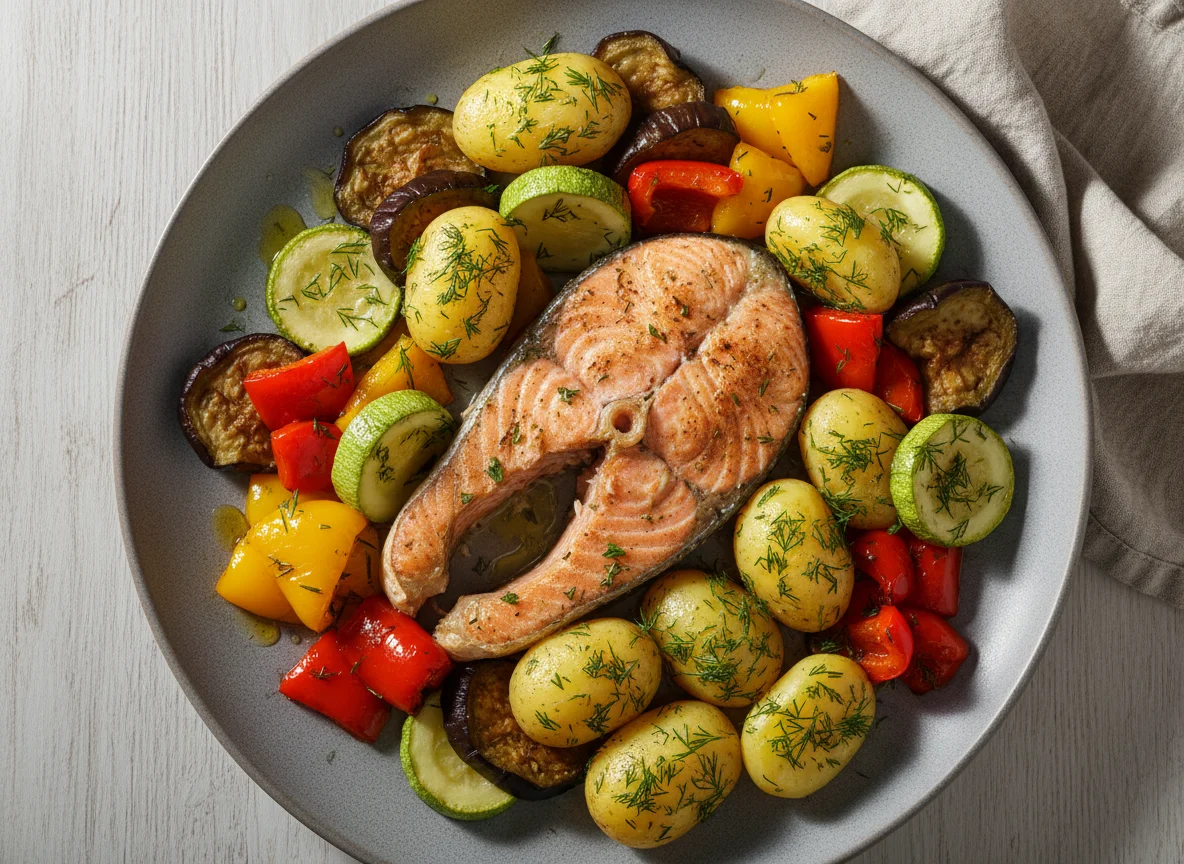 Рыба с запеченными овощами и картофелем photo