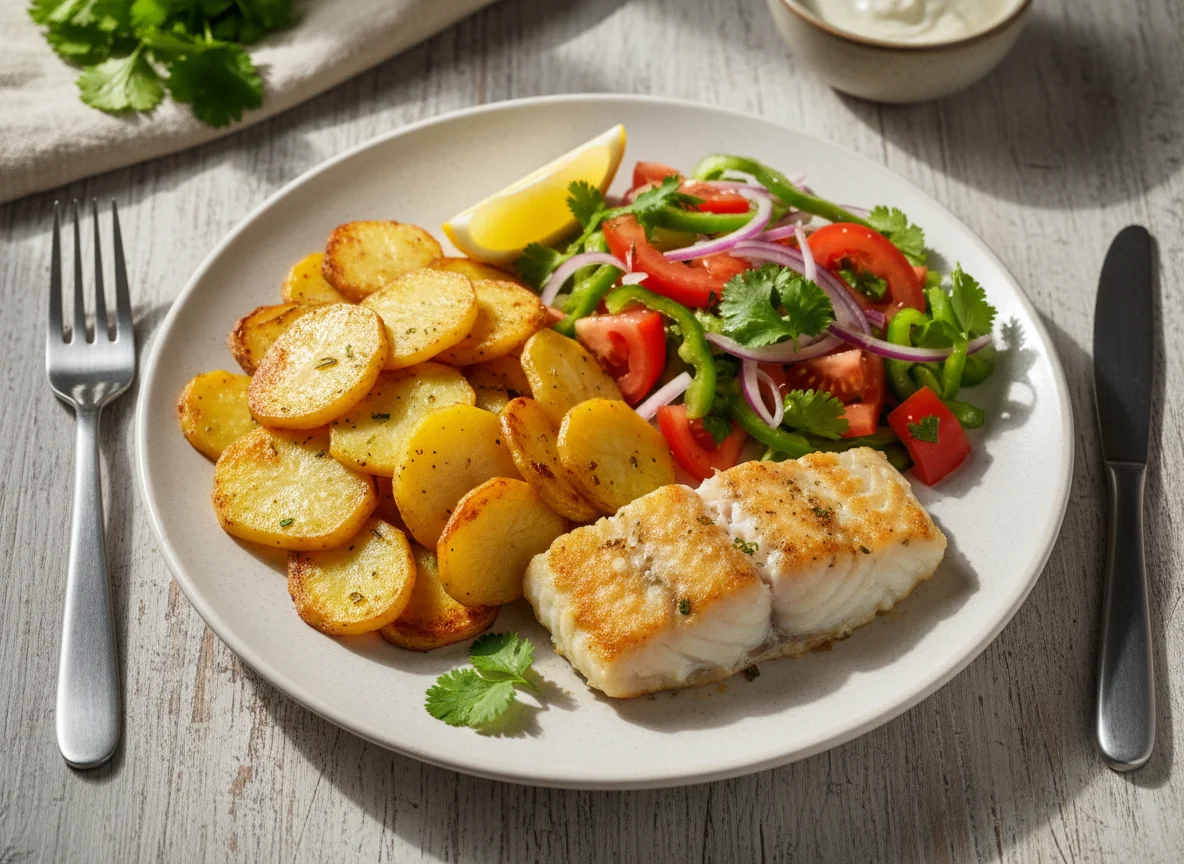 Рыба с жареным картофелем и салатом photo