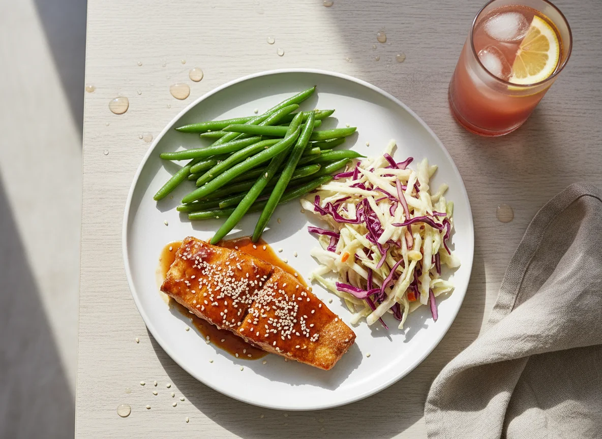 Рыба с зеленой фасолью, салат и напиток photo