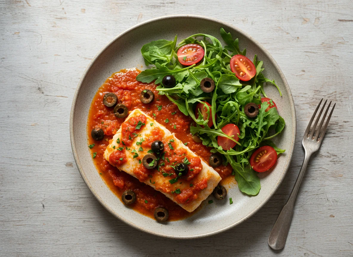 Рыба в томатном соусе с салатом из рукколы photo