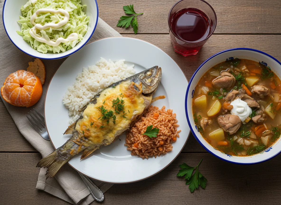 Рыба запеченная, суп с картофелем, овощами и куриными потрохами photo