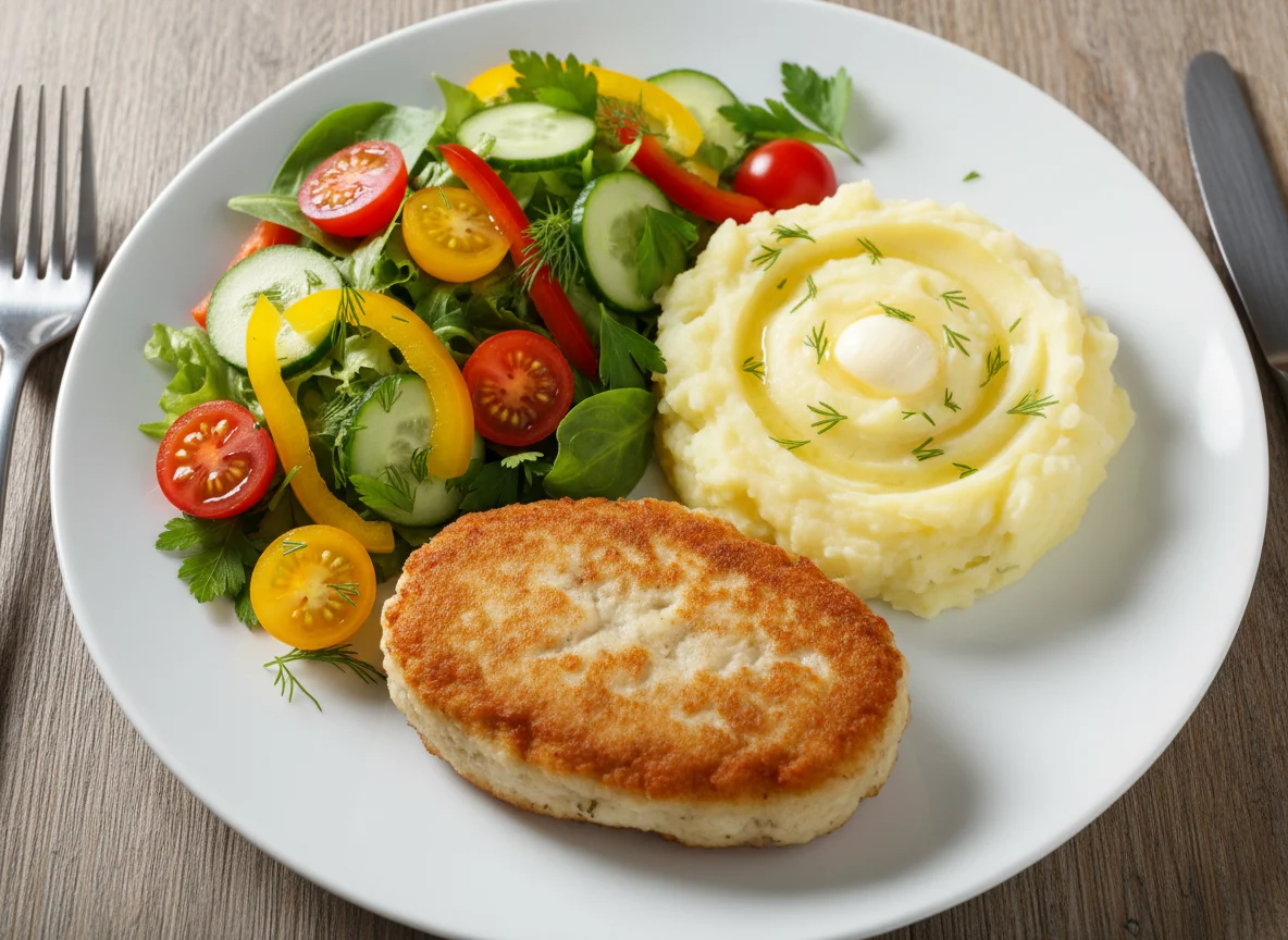 Рыбная котлета с картофельным пюре и салатом photo