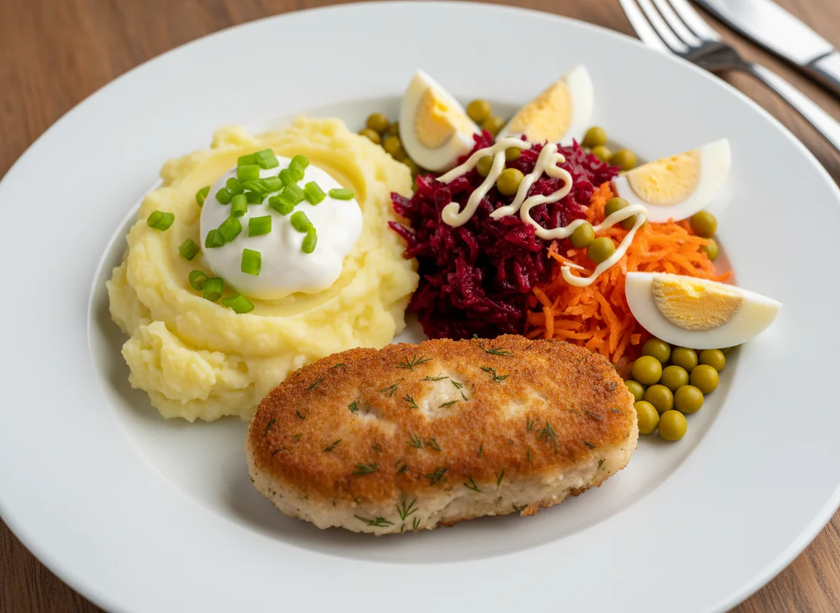 Рыбная котлета с пюре и овощным салатом photo