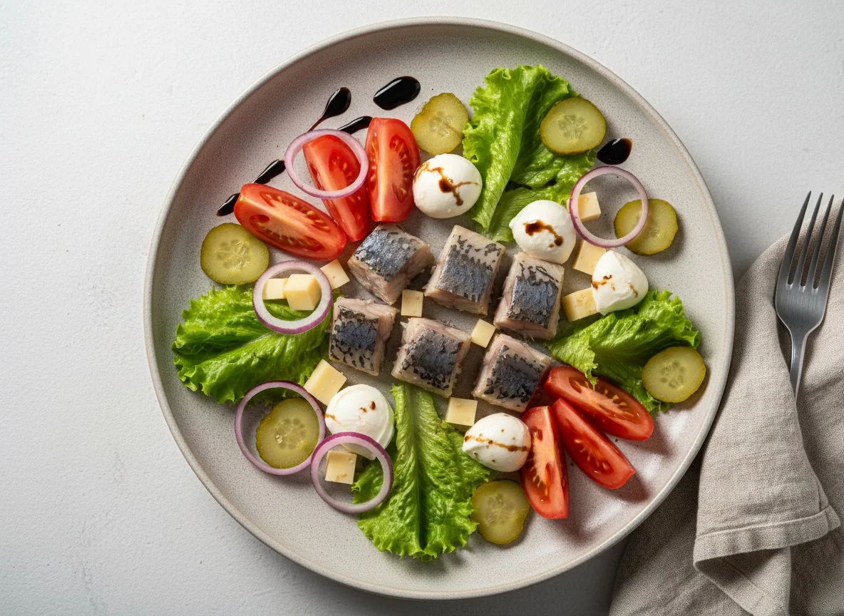 Рыбная тарелка с сыром и овощами photo