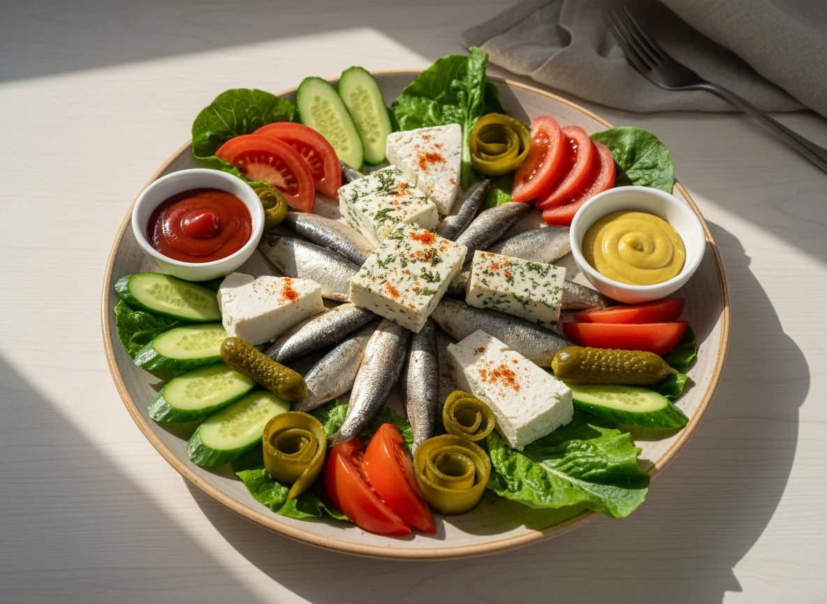 Рыбное ассорти с сыром и салатом photo