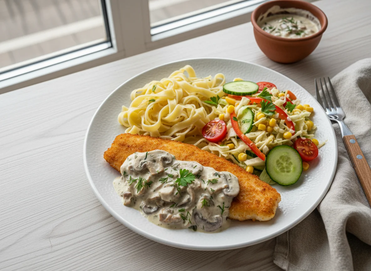 Рыбное филе с грибным соусом, лапшой и салатом photo