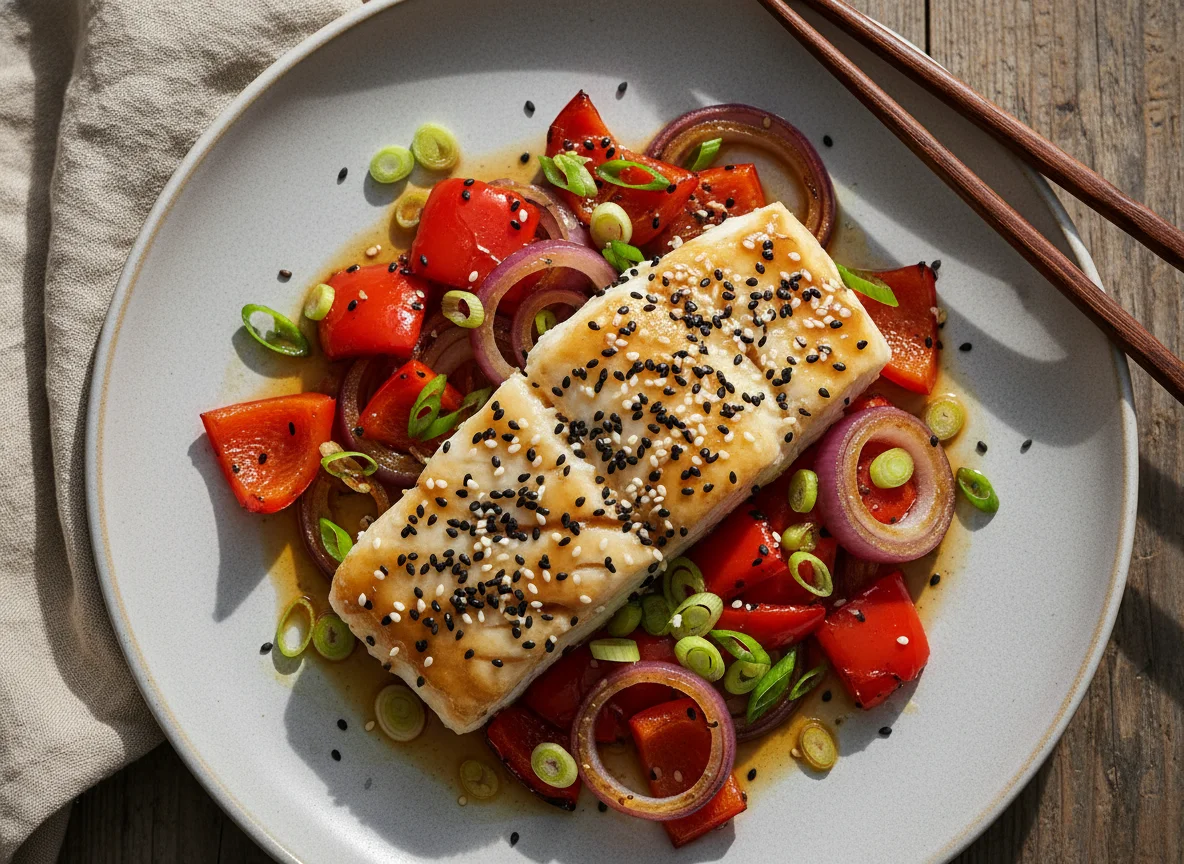 Рыбное филе с овощами и кунжутом photo