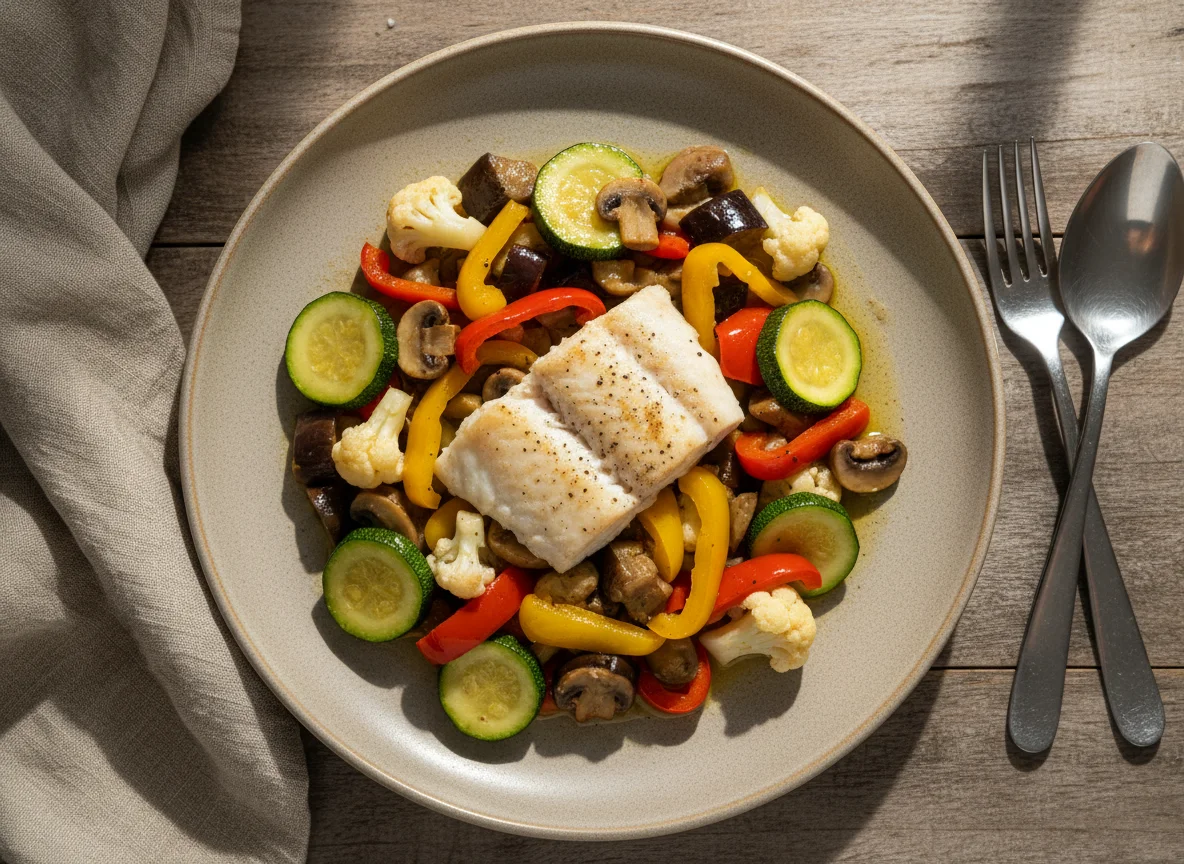 Рыбное филе с тушеными овощами photo