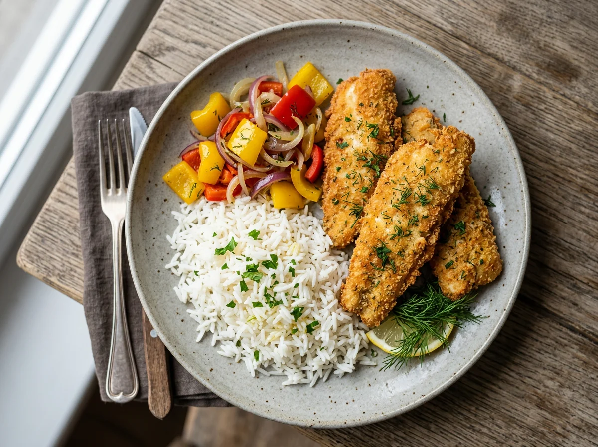 Рыбное филе в панировке с рисом и овощами photo