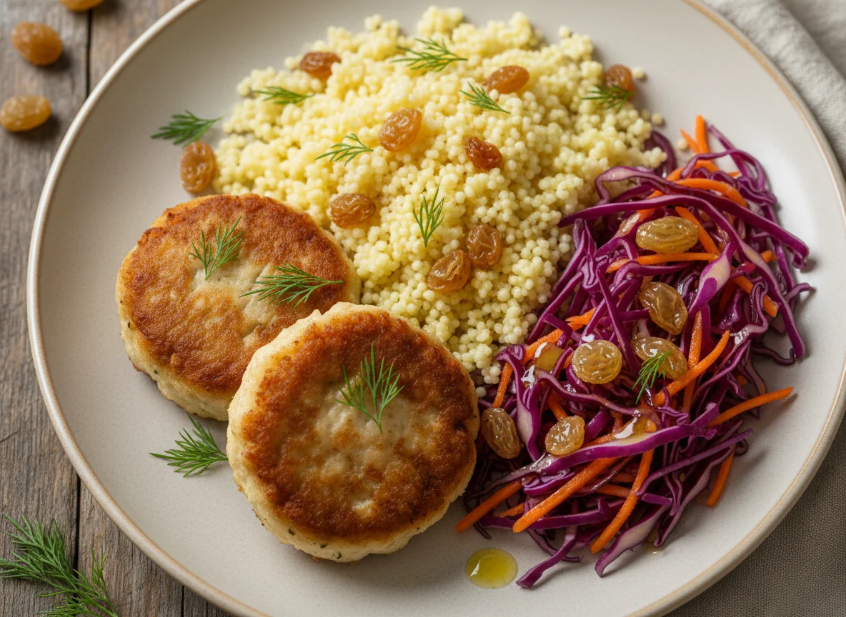 Рыбные котлеты с кускусом и салатом из капусты photo