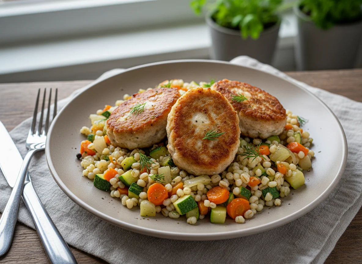 Рыбные котлеты с перловкой и овощами photo