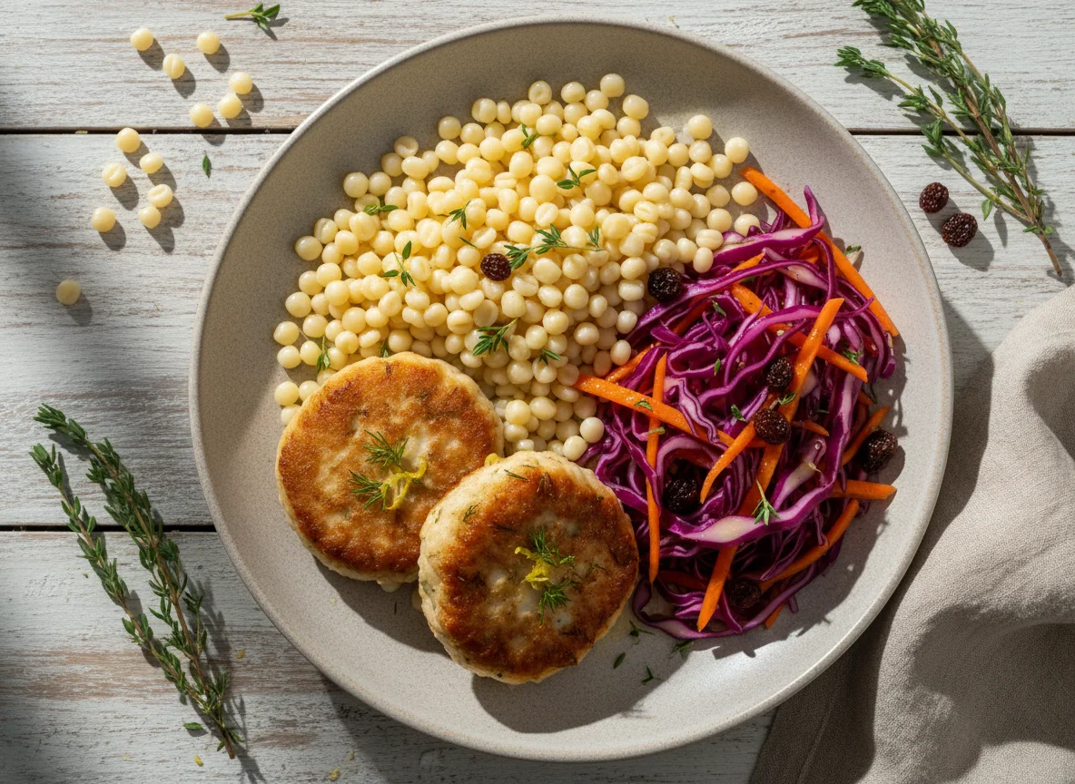 Рыбные котлеты с птитимом и салатом из капусты photo